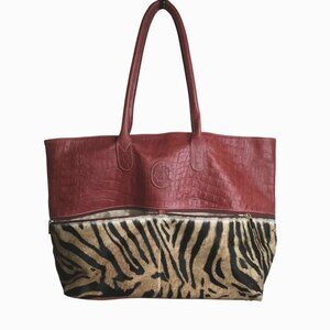 TERRIDA Italy Croc Embossed Leather Tote Zebra Print Haircalf XL Travel Bag